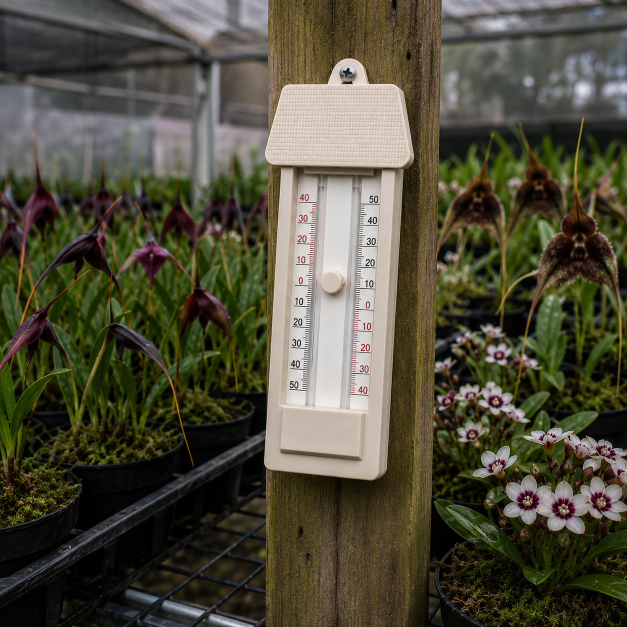 Max/Min Thermometer Wall Mount shown next to orchid plants