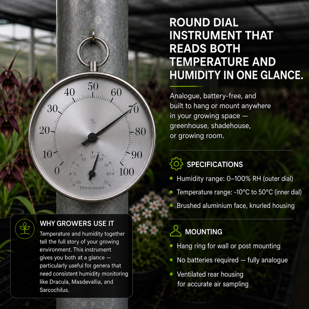 Analog Hygrometer and Thermometer Round Dial showing dial features