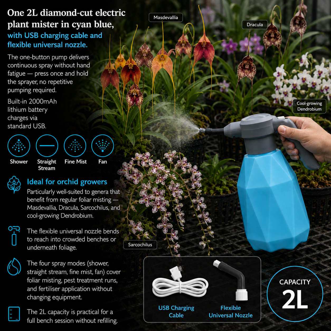 Electric Plant Mister 2L shown in use spraying orchid plants