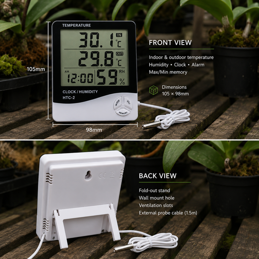 Digital Thermometer Hygrometer HTC-2 showing front and back with size dimensions