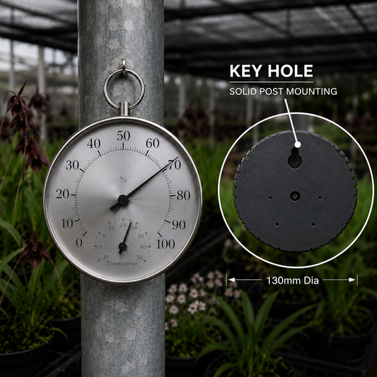 Orchid Growing Space Analog Hygrometer and Thermometer Round Dial showing keyhole mount and size