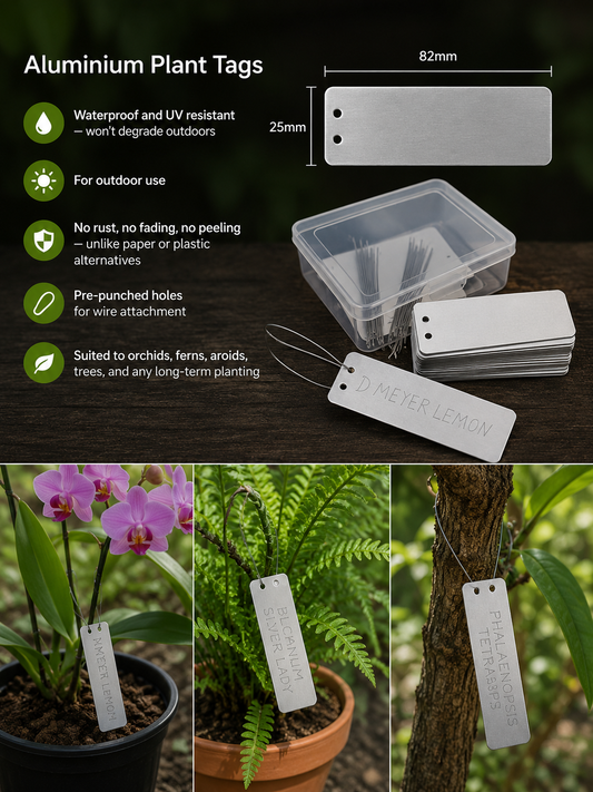 Aluminium Orchid Plant Tag 82mm x 25mm showing tag face and embossing