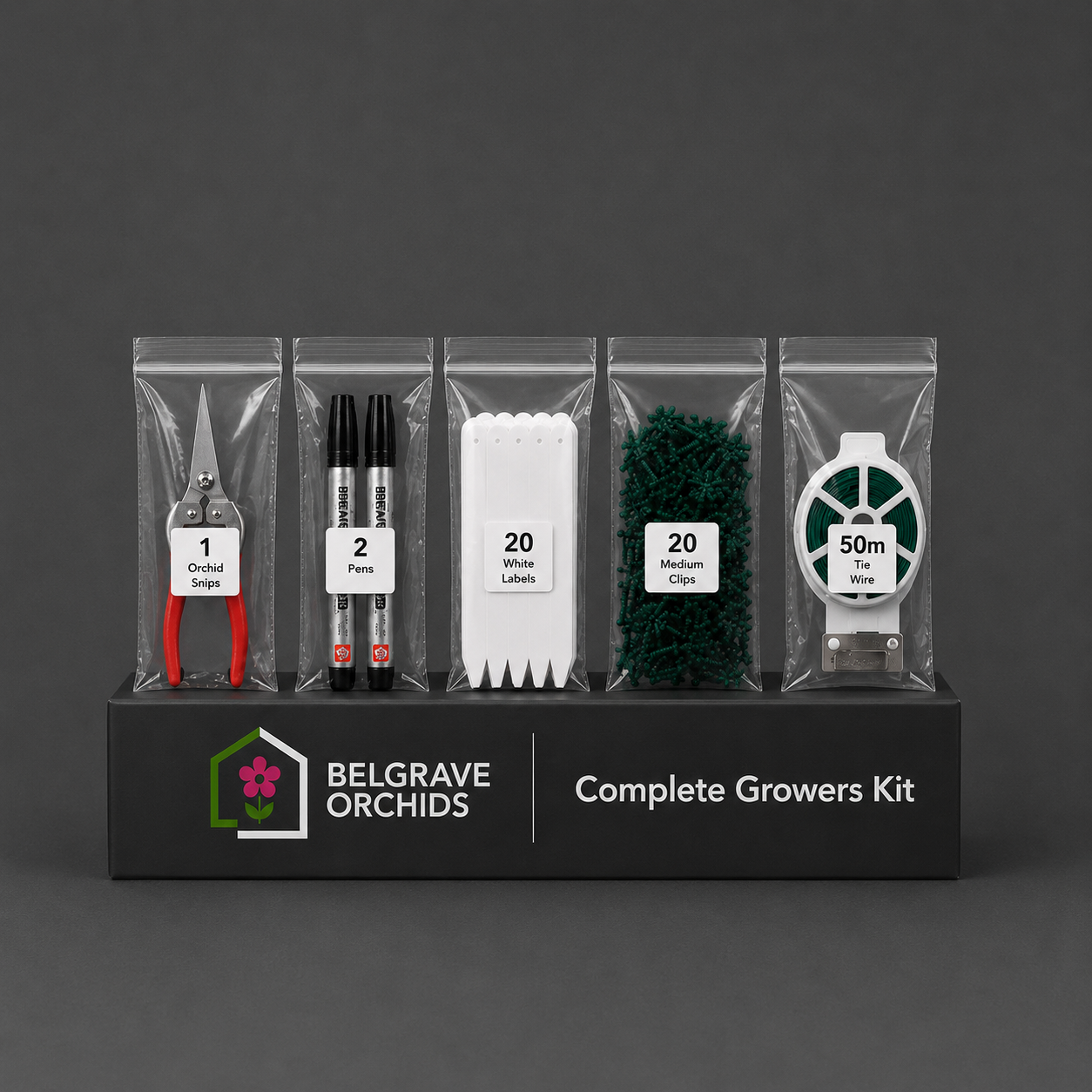 Complete Grower's Toolkit showing Snips, Pen, Labels, Clips and Wire contents
