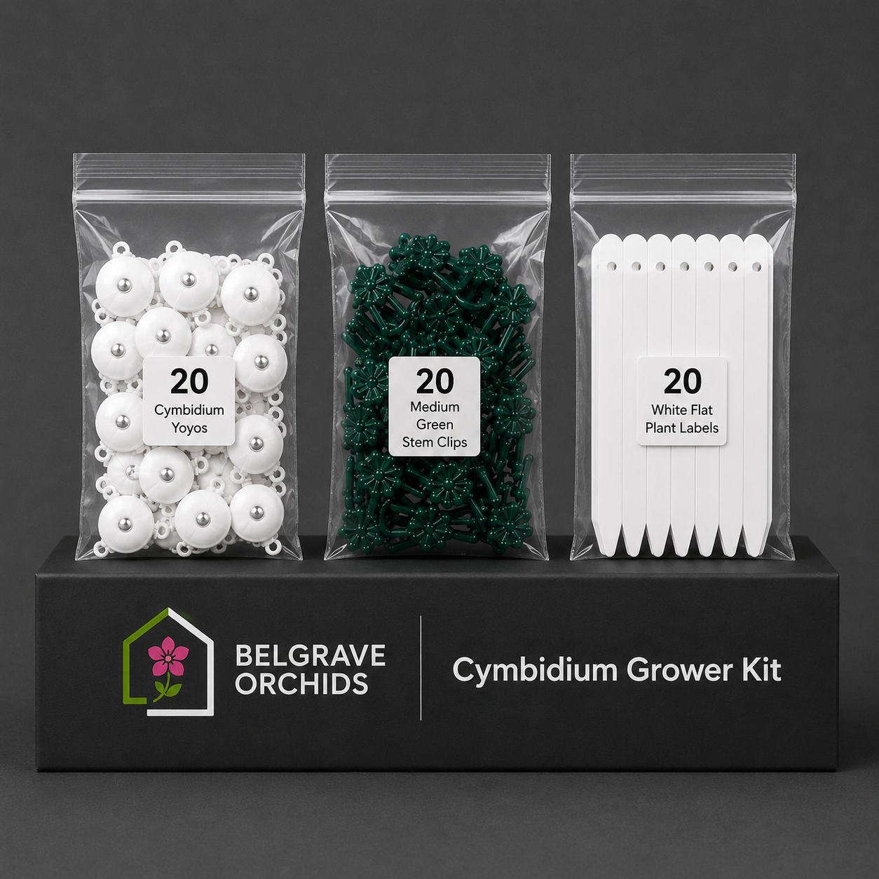 Cymbidium Grower Kit showing Yoyos, Clips and Labels contents