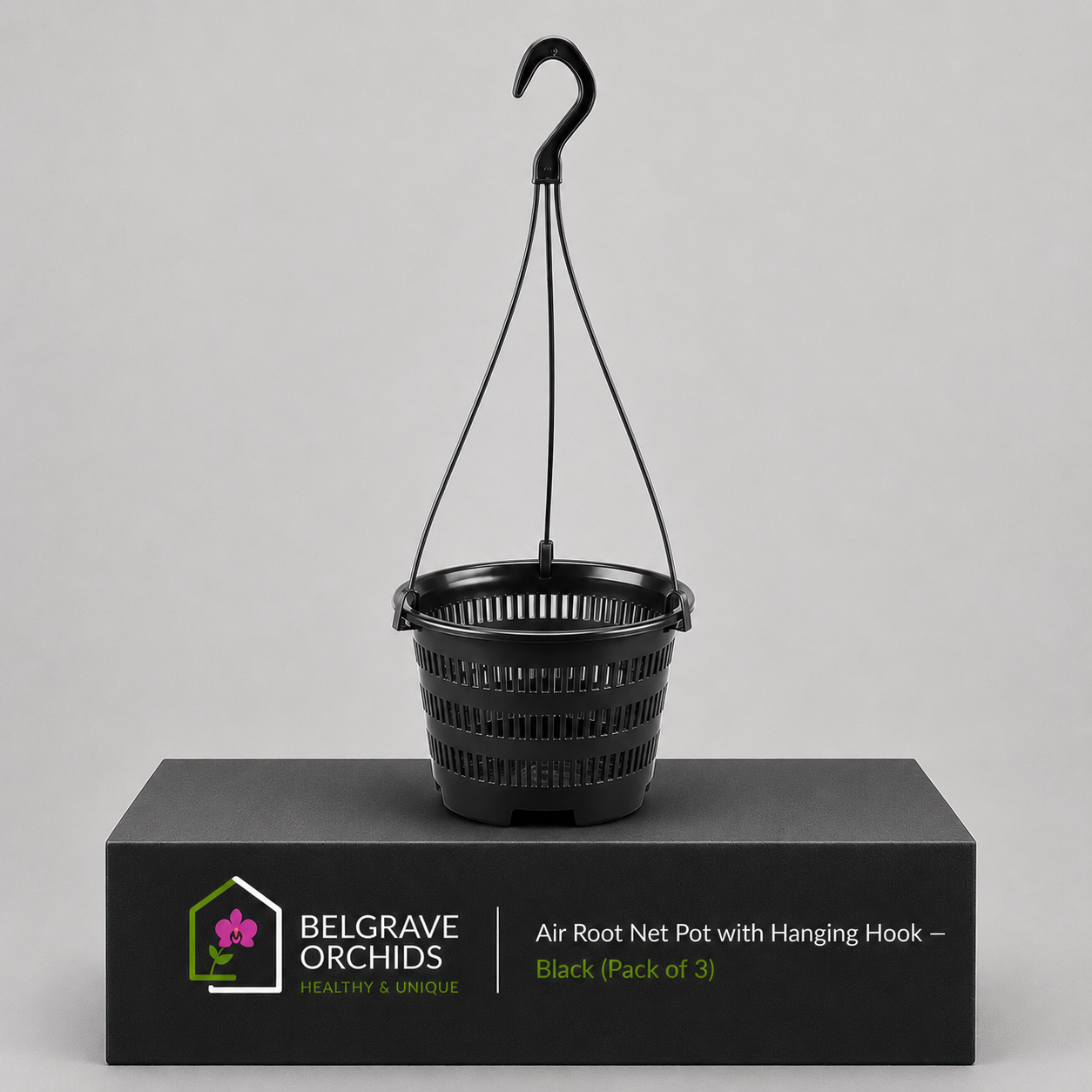 Air Root Net Pot with Hanging Hook Black showing pot standing upright