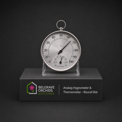 Orchid Growing Space Analog Hygrometer and Thermometer Round Dial showing face and dial detail