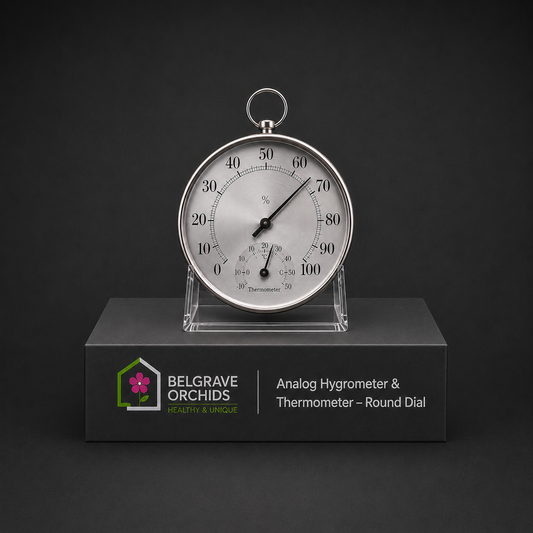 Orchid Growing Space Analog Hygrometer and Thermometer Round Dial showing face and dial detail