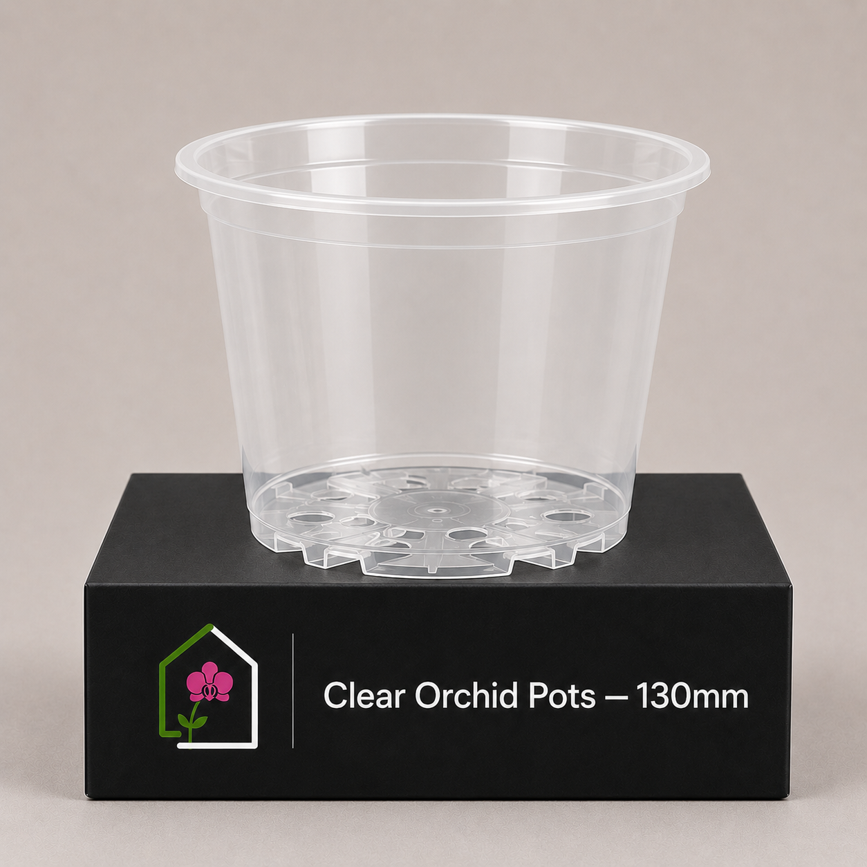 Clear Orchid Pots 130mm showing pot display