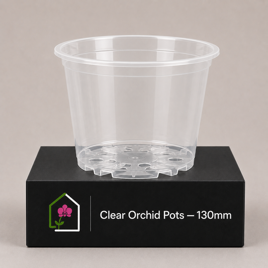 Clear Orchid Pots 130mm showing pot display