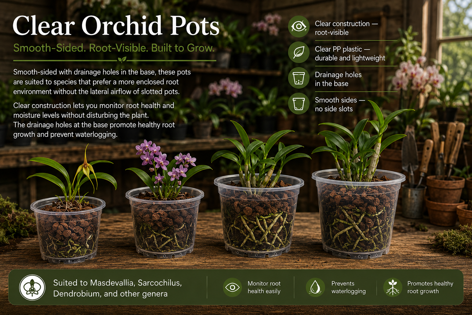 Clear Orchid Pots 130mm shown with orchid growing