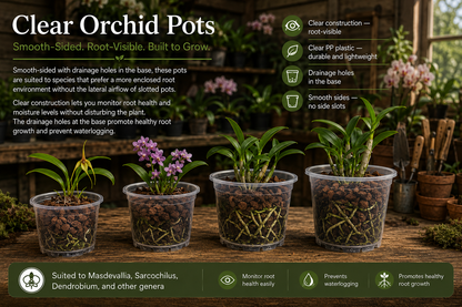 Clear Orchid Pots 130mm shown with orchid growing