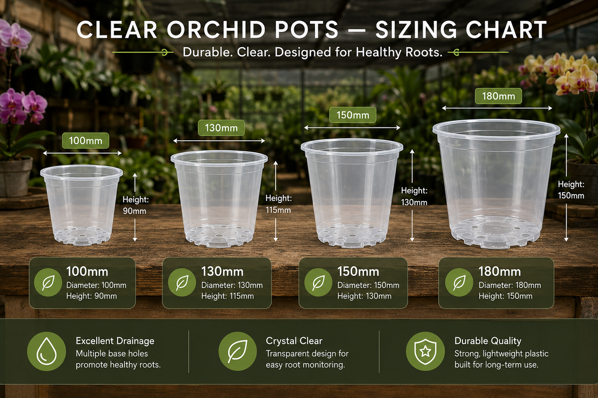 Clear Orchid Pots 150mm showing size dimensions