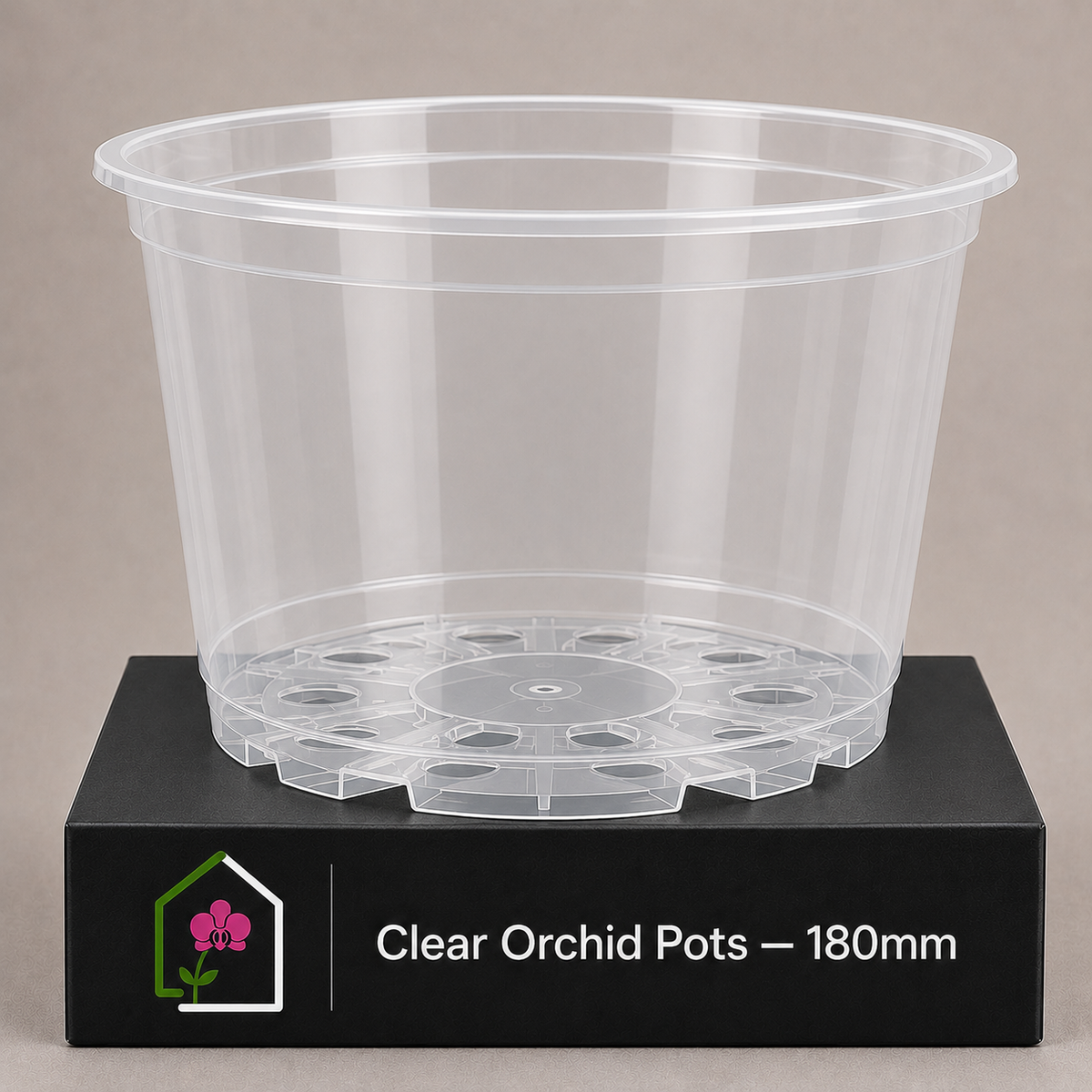 Clear Orchid Pots 180mm showing pot display
