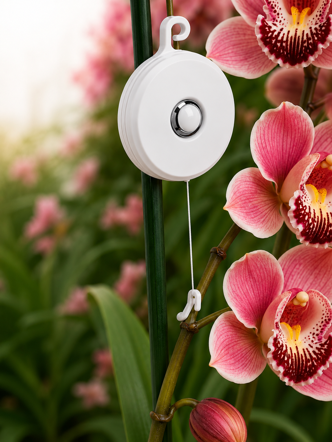 Cymbidium Yoyos retractable spike support showing string and hook mechanism