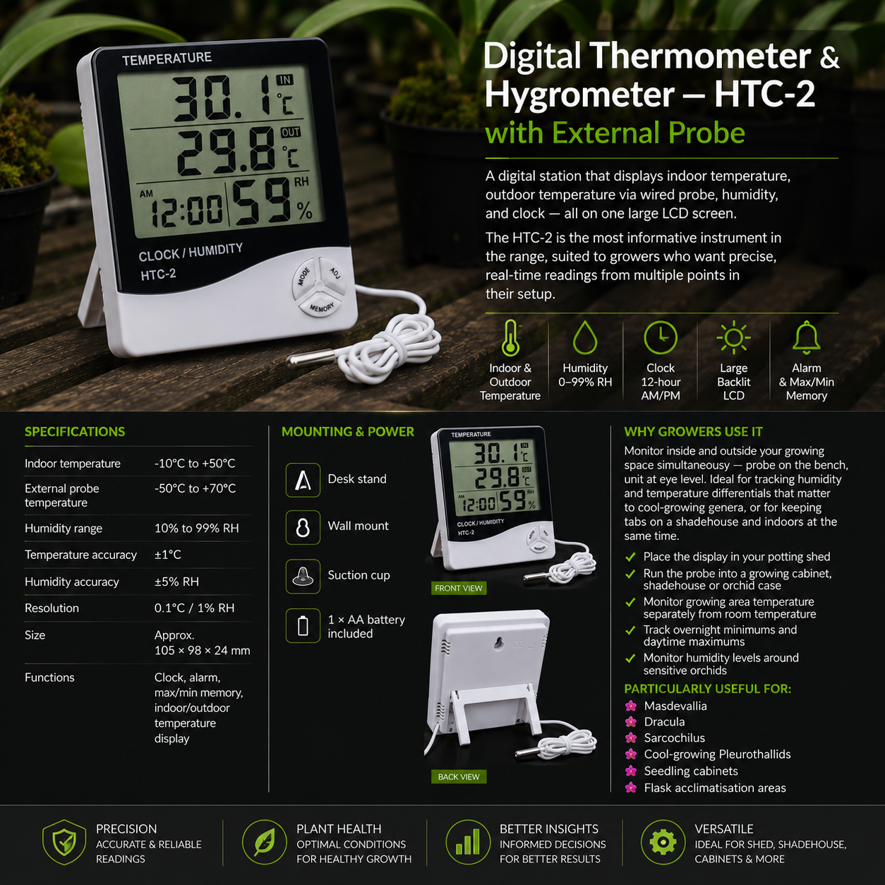 Digital Thermometer Hygrometer HTC-2 showing product information and features