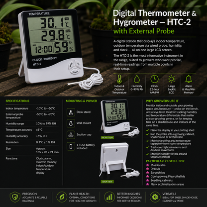 Digital Thermometer Hygrometer HTC-2 showing product information and features