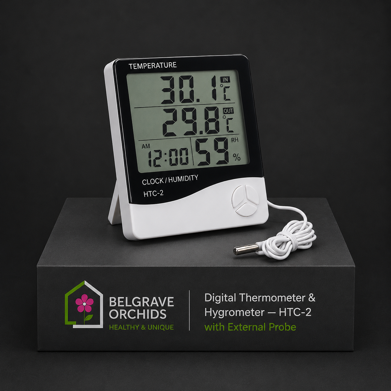 Orchid Growing Space Digital Thermometer Hygrometer HTC-2 showing wall mount installation