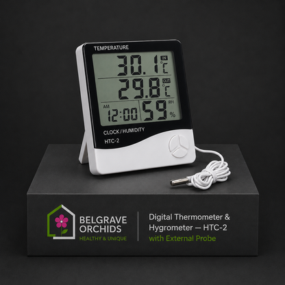 Orchid Growing Space Digital Thermometer Hygrometer HTC-2 showing wall mount installation