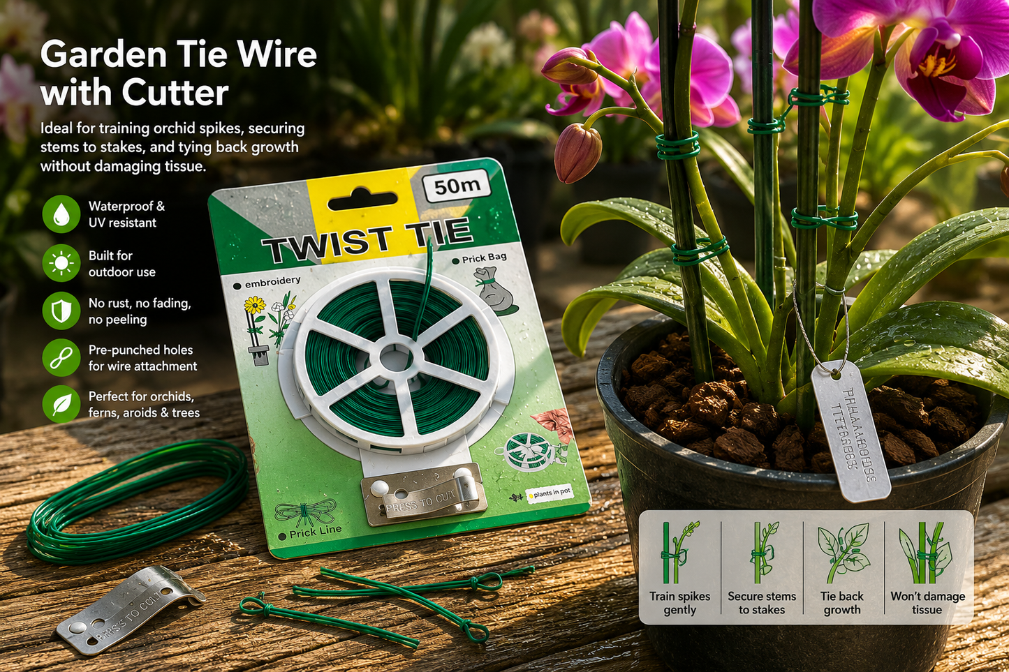 Garden Tie Wire with Cutter 50m showing twist tie in use and features
