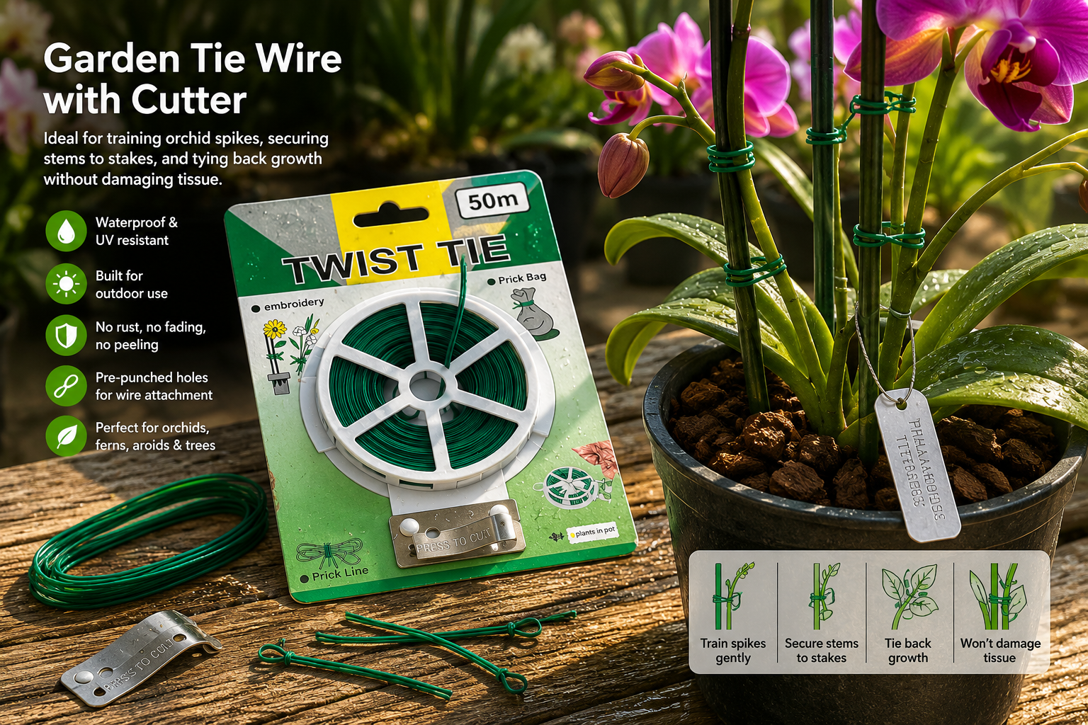 Garden Tie Wire with Cutter 50m showing twist tie in use and features