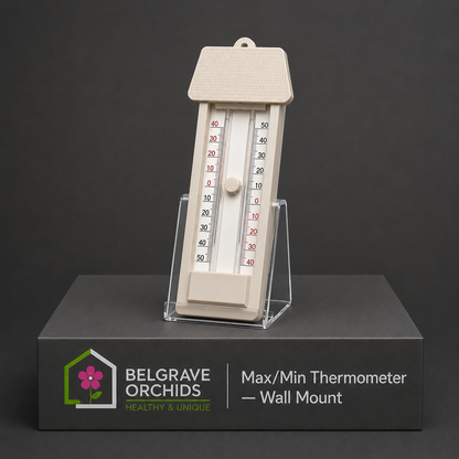 Orchid Growing Space Max/Min Thermometer Wall Mount showing front face and display