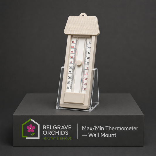 Orchid Growing Space Max/Min Thermometer Wall Mount showing front face and display