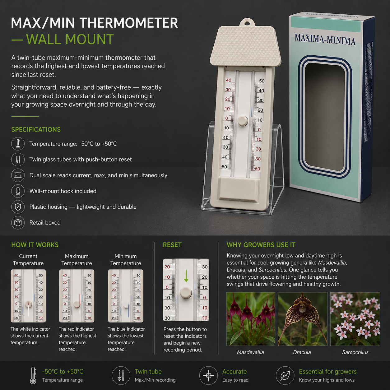Orchid Growing Space Max/Min Thermometer Wall Mount shown installed on wall in use