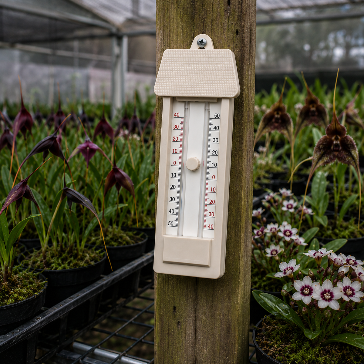 Max/Min Thermometer Wall Mount shown next to orchid plants