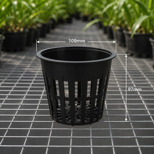 Orchid Net Pots 109mm Black showing diameter dimensions