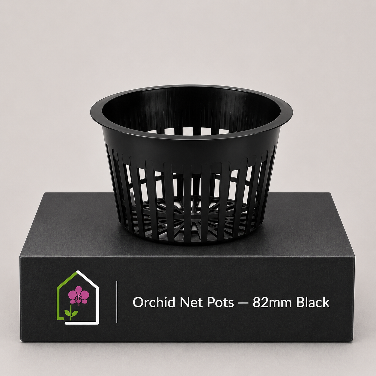 Orchid Net Pots 82mm Black showing pot standing upright