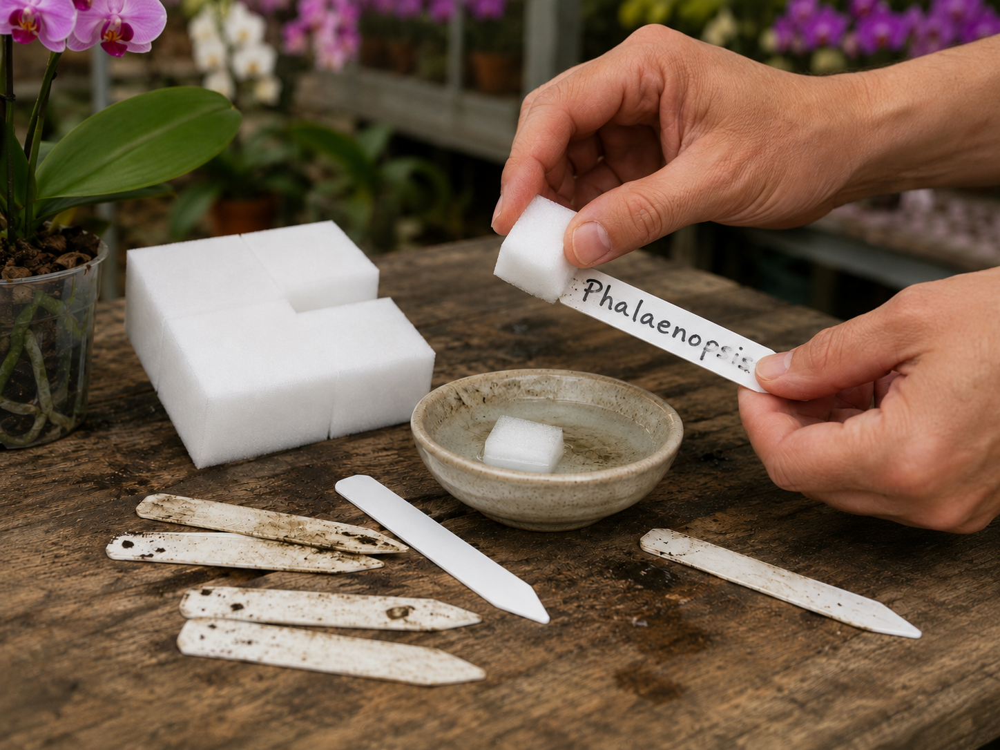 Relabel Erasers in use on a plant label showing clean erasure