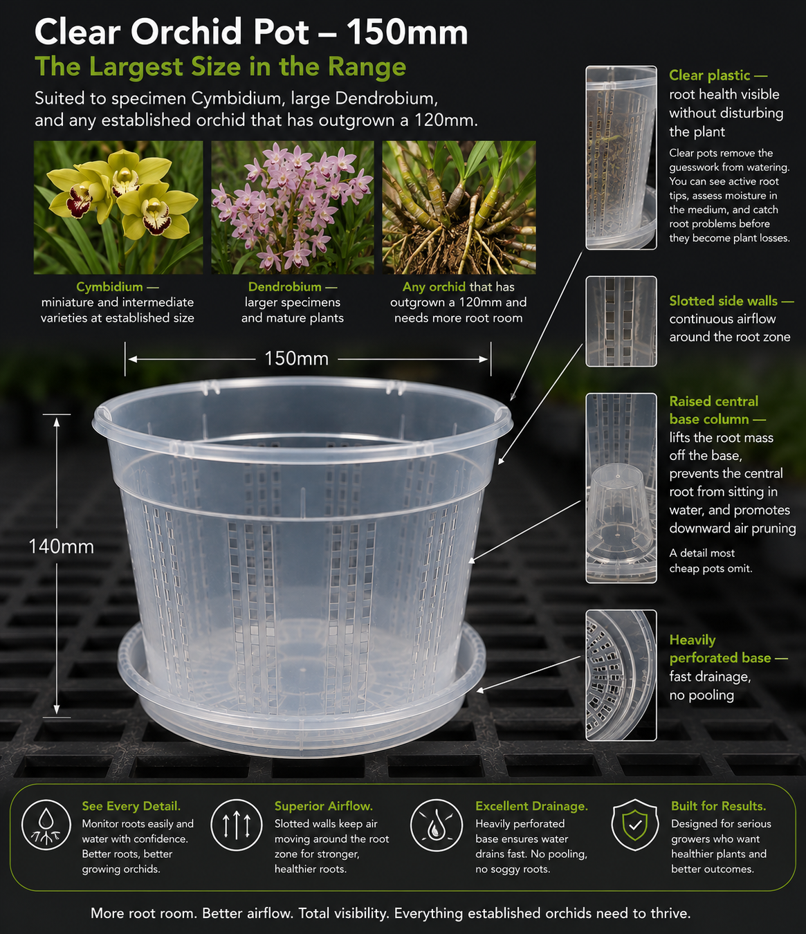 Clear Orchid Pots with Saucer 150mm shown with orchid in use