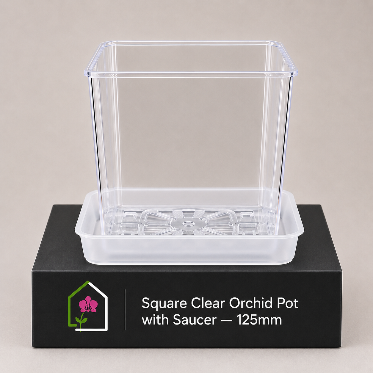 Square Clear Orchid Pot with Saucer 125mm showing pot display