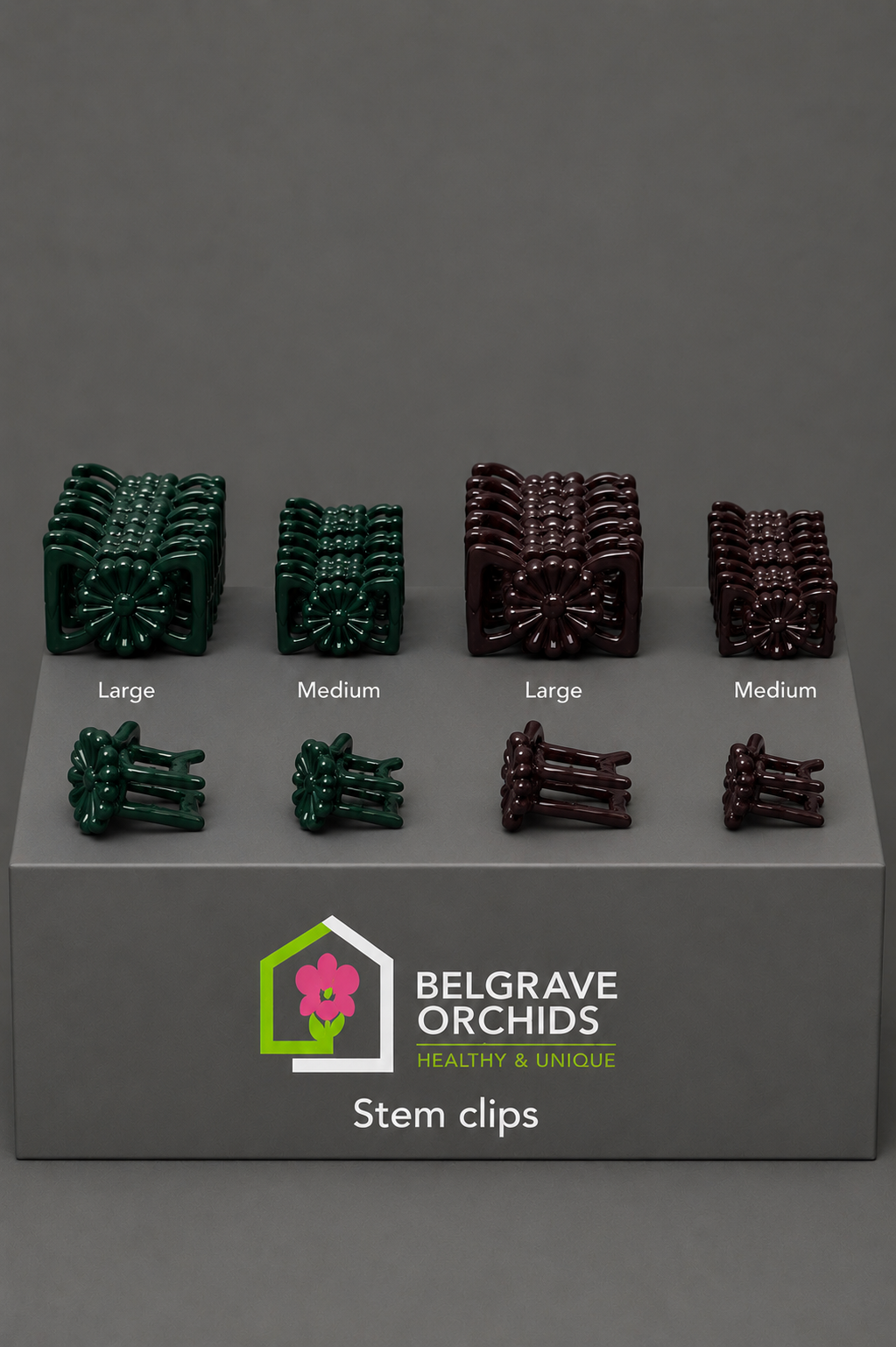 Orchid Stem Clips Green and Brown pack shot showing colour options and quantity