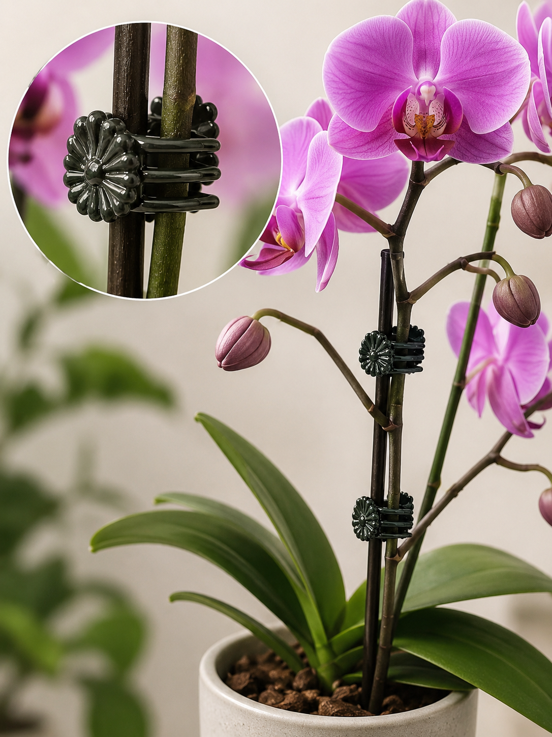 Orchid Stem Clip Green medium size on orchid stem showing correct application