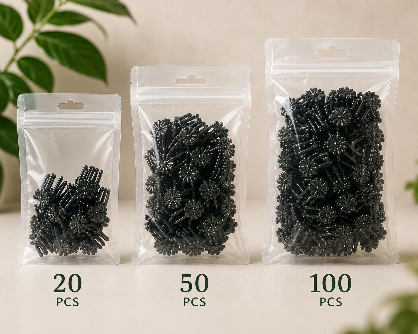 Orchid Stem Clips Green pack shot showing quantity included